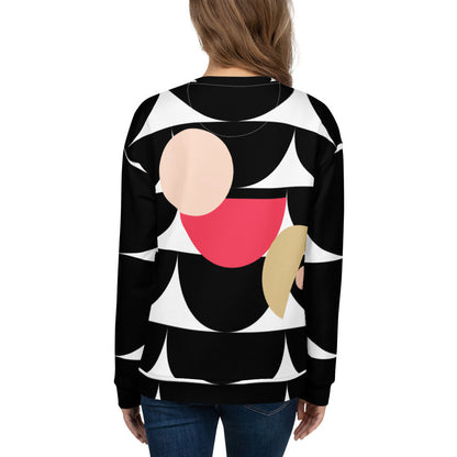 Good Wishes 365 black recycled sweatshirt featuring an all-over geometric mushroom graphic print, back view.
