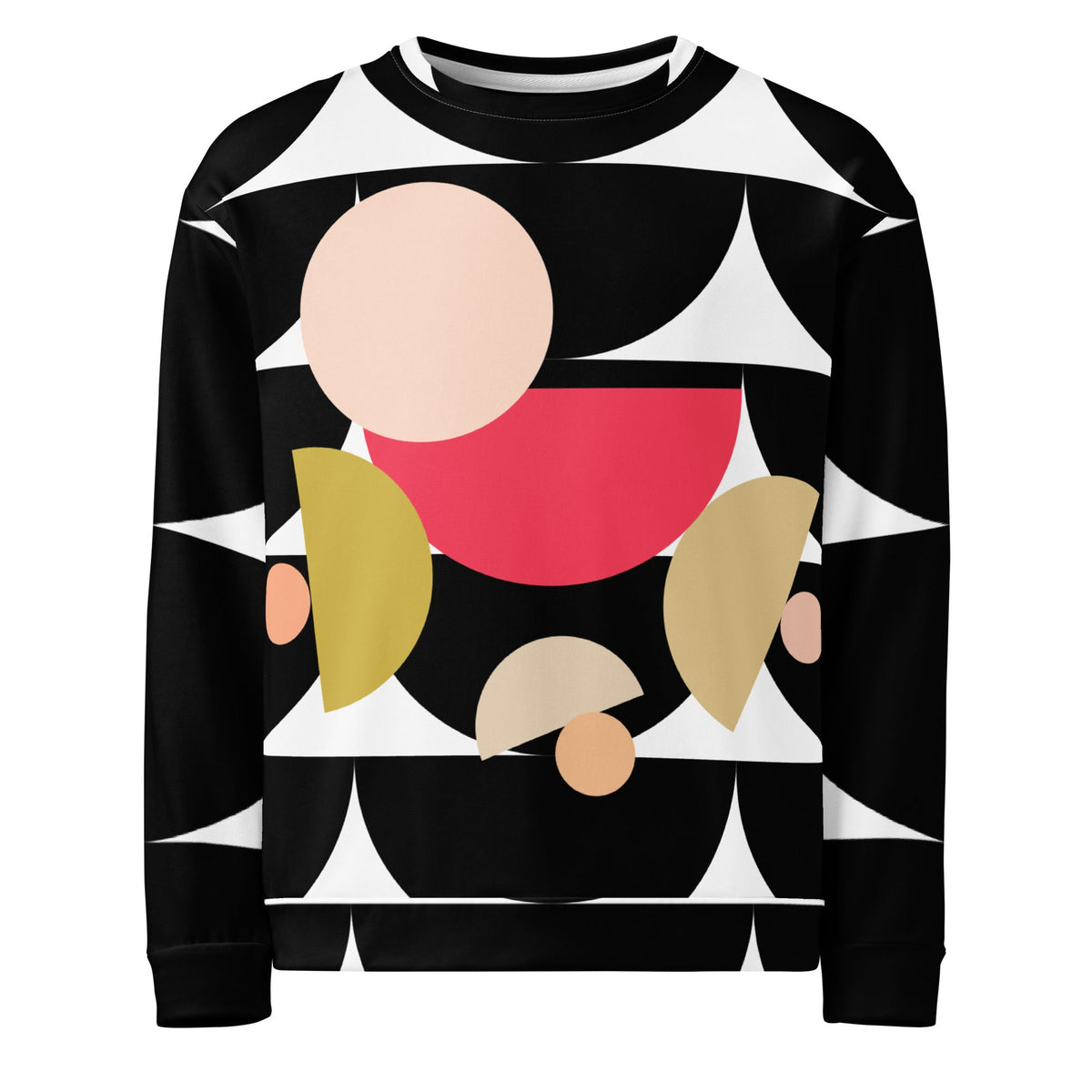 Good Wishes 365 black recycled sweatshirt featuring a geometric mushroom-inspired abstract print in pink and yellow.