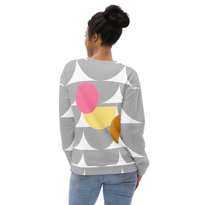Good Wishes 365 recycled sweatshirt with silver geometric mushroom print and colorful accents, back view on model.