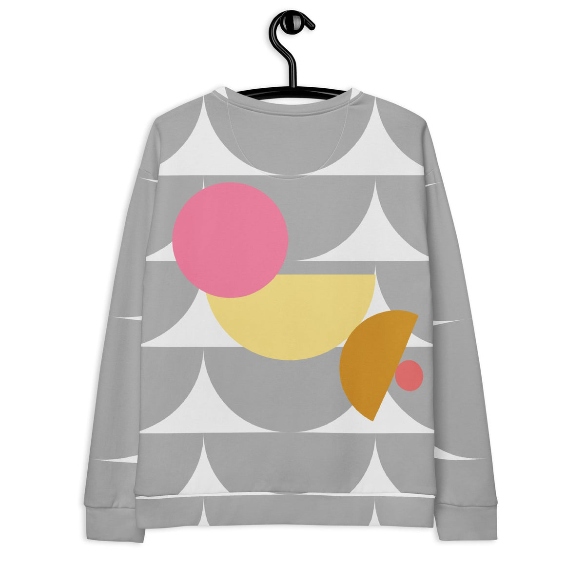 Good Wishes 365 recycled sweatshirt featuring a grey geometric mushroom pattern with pink and yellow circular accents.