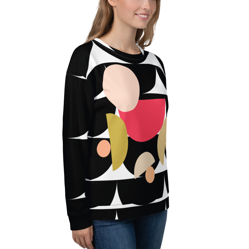 Good Wishes 365 black recycled sweatshirt with geometric mushroom graphic print worn by a woman in profile view
