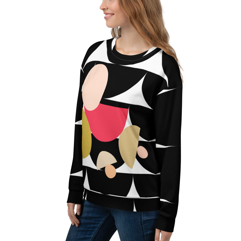 Good Wishes 365 black recycled sweatshirt with an all-over geometric mushroom graphic print worn by a woman