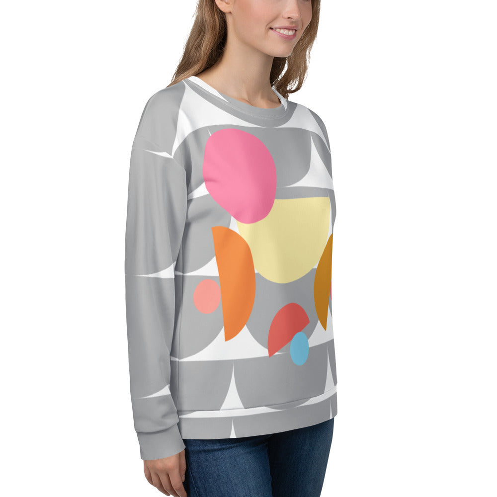Good Wishes 365 recycled sweatshirt with silver and colorful geometric mushroom print on a woman in side profile
