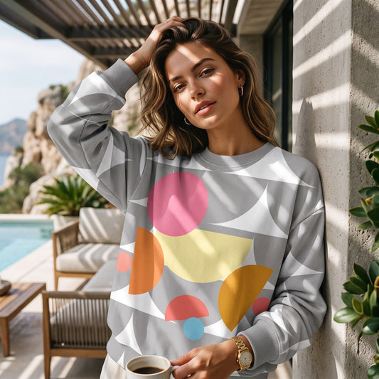 Good Wishes 365 recycled sweatshirt with silver geometric mushroom print worn by a woman on a sunny patio.