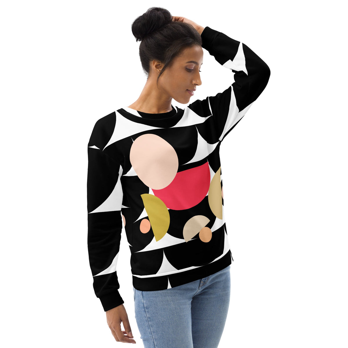 Good Wishes 365 black recycled sweatshirt featuring an all-over geometric mushroom graphic print worn by a woman