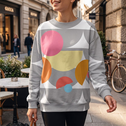 Good Wishes 365 recycled sweatshirt featuring a silver and multi-colored geometric mushroom print in a unisex fit.