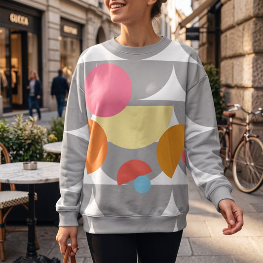 Good Wishes 365 recycled sweatshirt featuring a silver and multi-colored geometric mushroom print in a unisex fit.