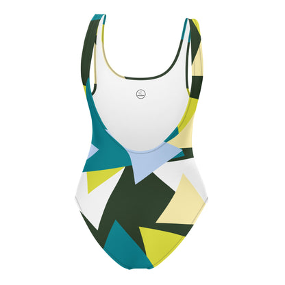 Good Wishes 365 one-piece swimsuit featuring a vibrant geometric print in teal, yellow, and white with a scoop back.