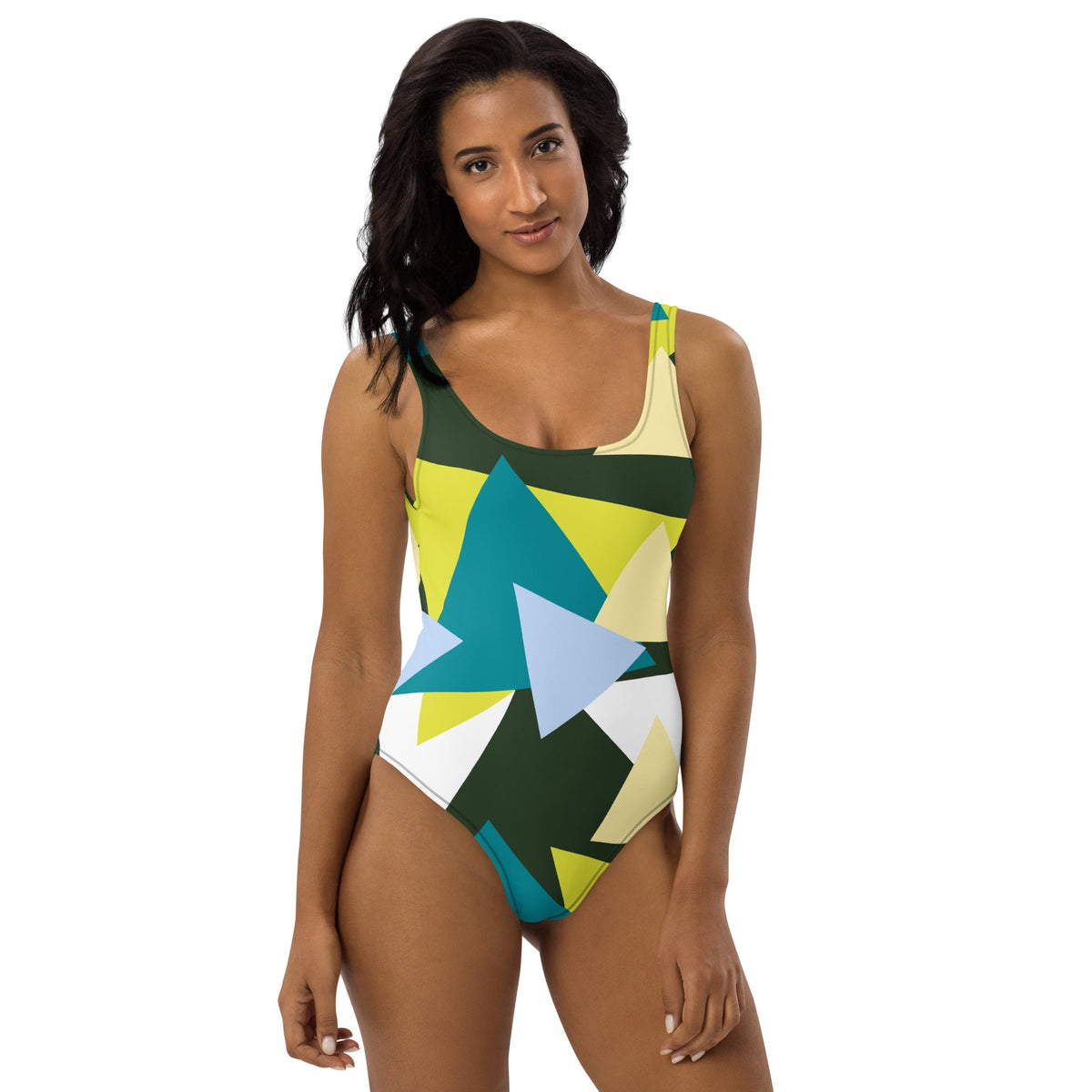 Good Wishes 365 one-piece swimsuit featuring a vibrant geometric triangle print in shades of green, yellow, and blue.