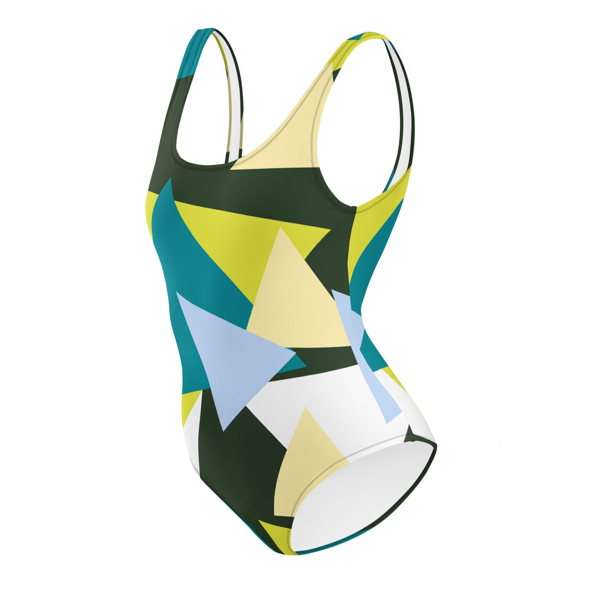 Good Wishes 365 one-piece swimsuit featuring a vibrant geometric triangle print in shades of green, blue, and cream.