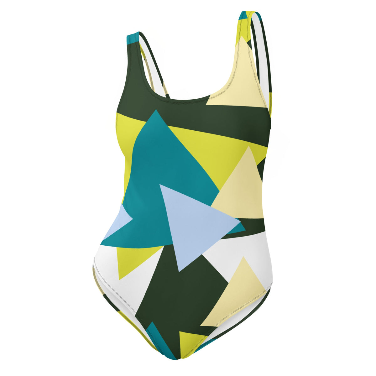 Good Wishes 365 one-piece swimsuit featuring a vibrant multi-colored geometric triangle pattern on a scoop neck cut.