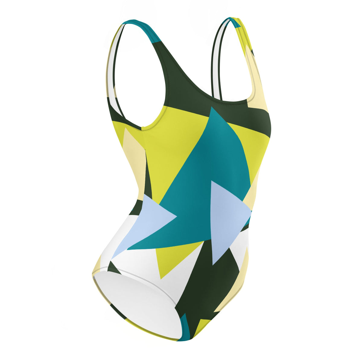 Good Wishes 365 one-piece swimsuit featuring a vibrant geometric print in teal, yellow, and light blue on a white base.