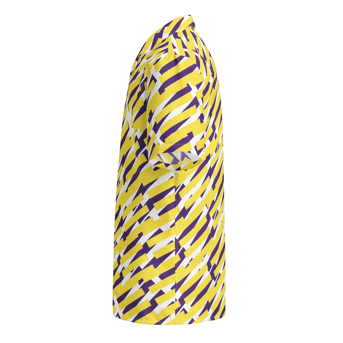 Good Wishes 365 short sleeve button down shirt with a yellow, purple, and white geometric pattern and camp collar. All-over print, unisex button shirt, product mockup, side view. 