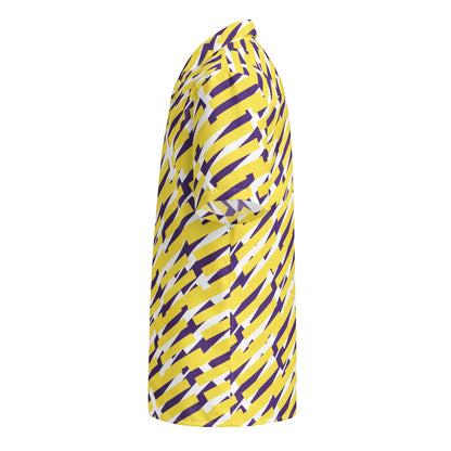 Good Wishes 365 short sleeve button down shirt with a yellow, purple, and white geometric pattern and camp collar. All-over print, unisex button shirt, product mockup, side view. 