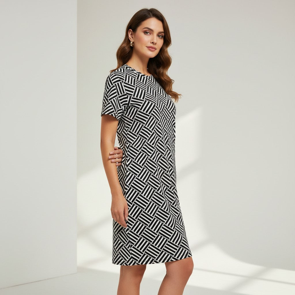 Good Wishes 365 black and white geometric pattern t-shirt dress with a comfortable oversize fit and drop shoulder.
