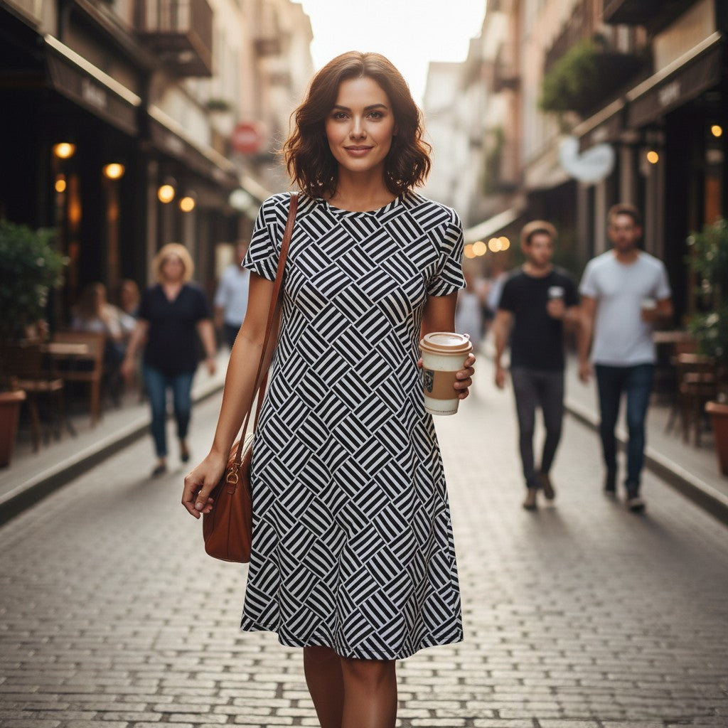 Good Wishes 365 black and white geometric pattern t-shirt dress with a comfortable oversize fit and drop shoulder.