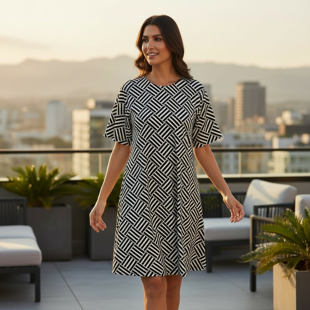 Good Wishes 365 black and white geometric pattern sleeveless A-line t-shirt dress made of polyester and spandex.