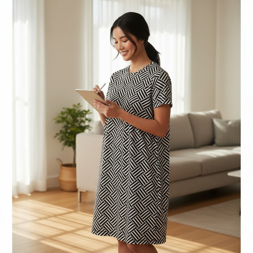 Good Wishes 365 black and white geometric pattern t-shirt dress with short sleeves and crew neck. Oversize fit.