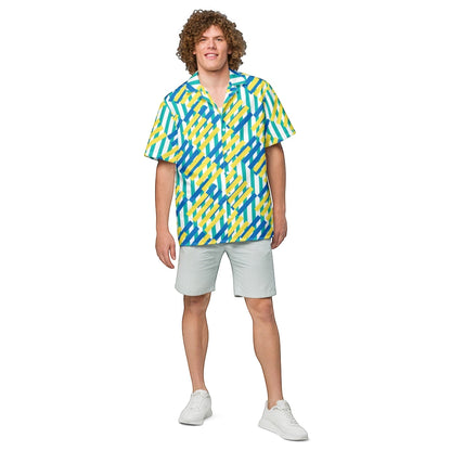 Good Wishes 365 blue, yellow, and white geometric print short-sleeve button-up shirt with oversized fit.