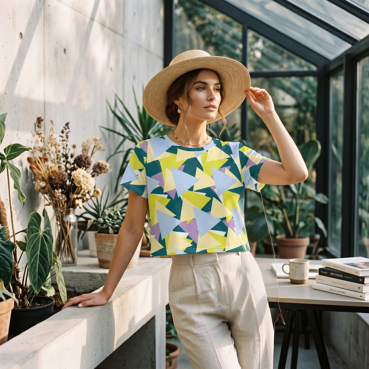Good Wishes 365 crop tee with a colorful geometric triangle print worn by a woman in a sunlit greenhouse.