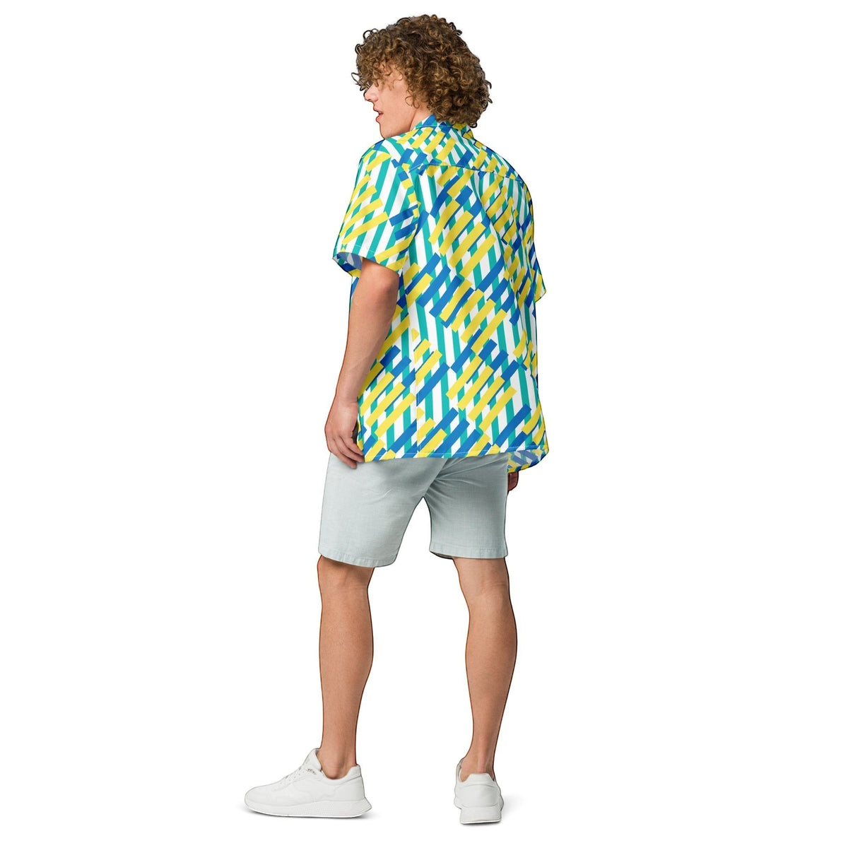 Good Wishes 365 blue, yellow, and green geometric print short-sleeve button-up shirt with oversized fit.