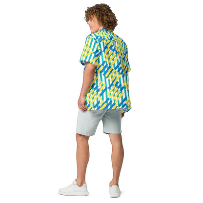 Good Wishes 365 blue, yellow, and green geometric print short-sleeve button-up shirt with oversized fit.