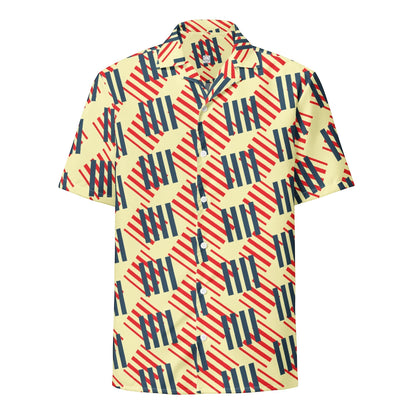 Good Wishes 365 short sleeve button down shirt with a red, navy, and cream geometric pattern and a classic camp collar.