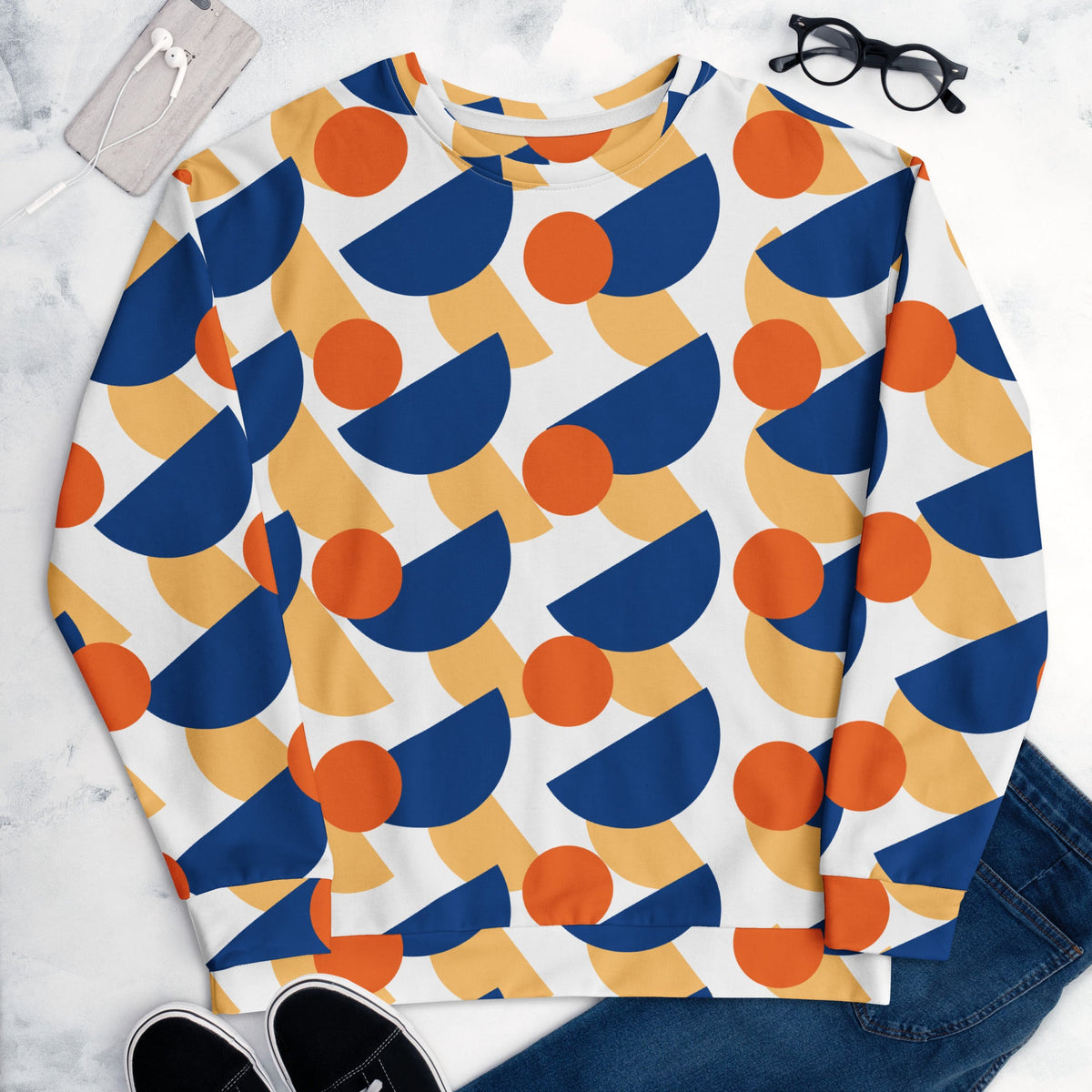 Good Wishes 365 unisex sweatshirt with geometric mushroom-inspired print in dark cerulean, orange, and yellow on white.