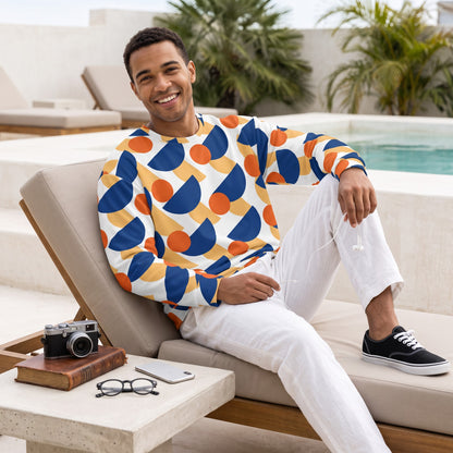 Good Wishes 365 unisex sweatshirt with geometric mushroom print in dark cerulean, orange, and yellow on a man.