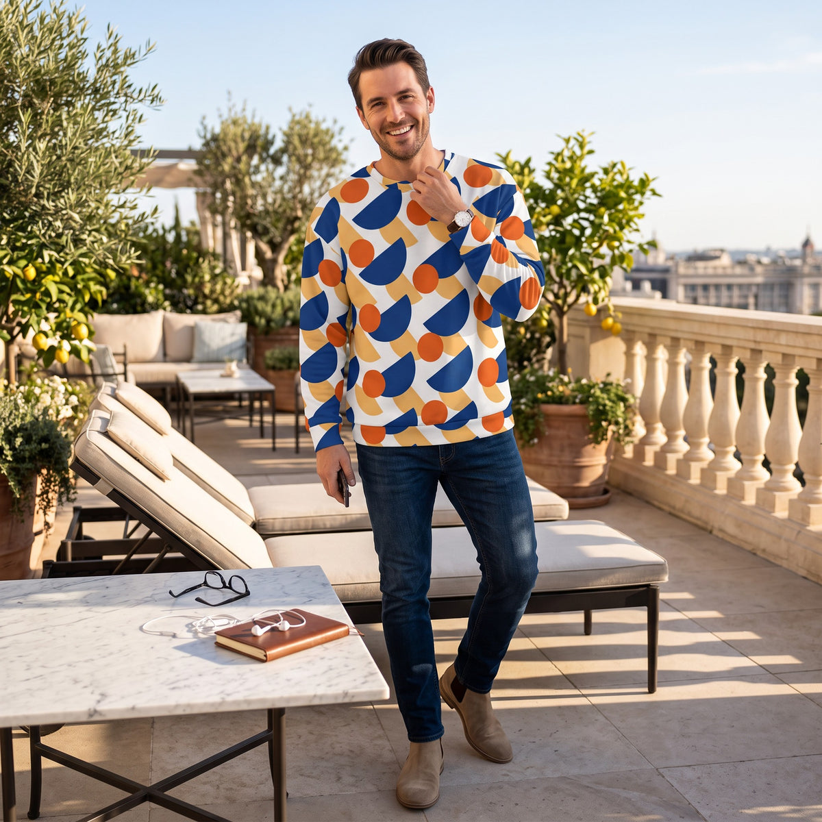 Good Wishes 365 unisex sweatshirt with a geometric mushroom print in dark cerulean, orange, and yellow on a man