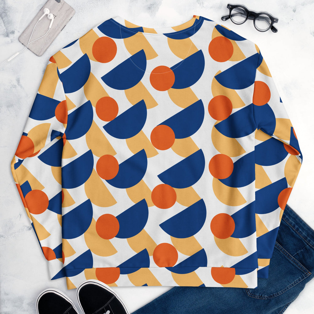 Good Wishes 365 unisex recycled sweatshirt featuring a geometric mushroom print in dark cerulean, orange, and yellow.