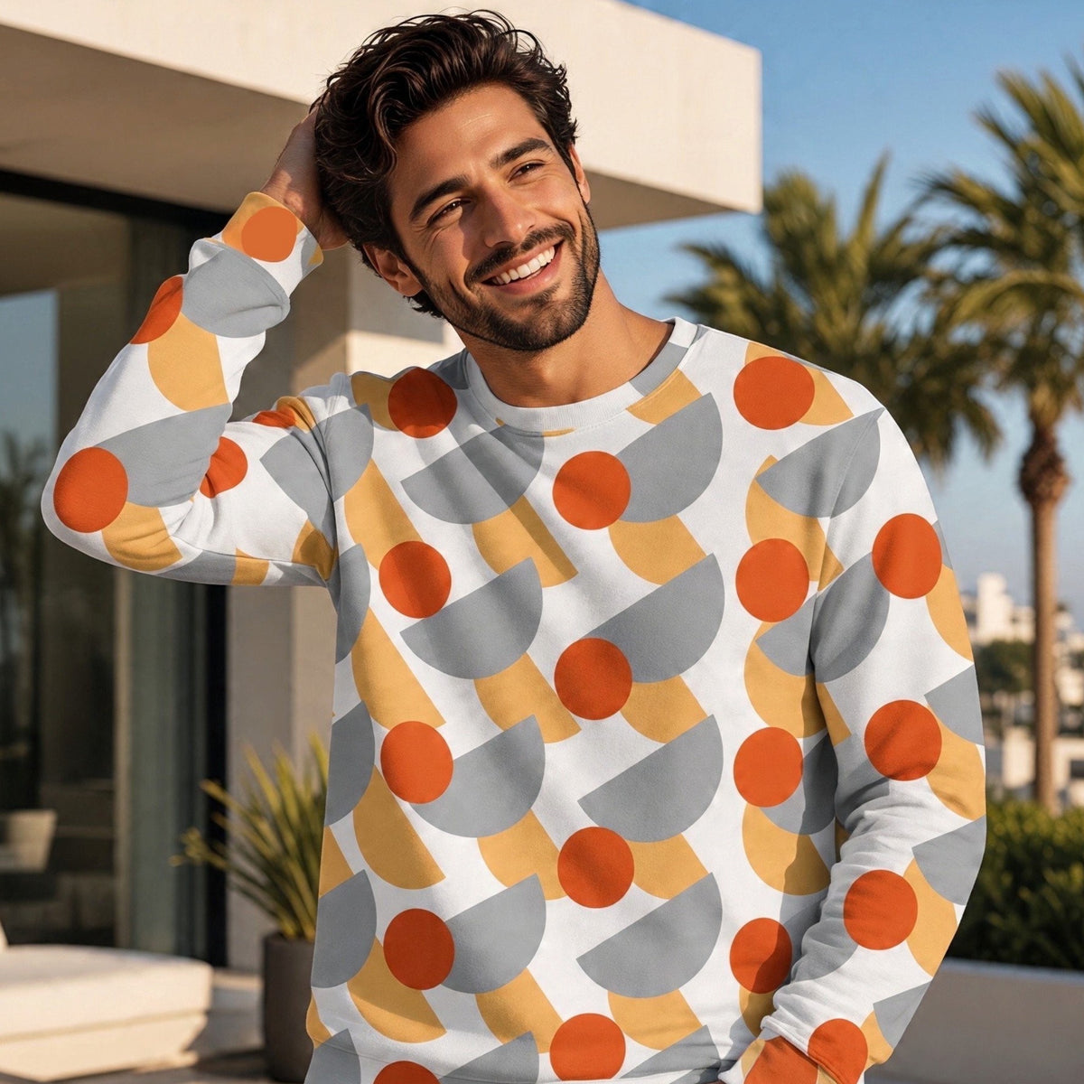 Good Wishes 365 men's crew neck sweatshirt with a geometric orange, yellow, and grey circle print on a white base.