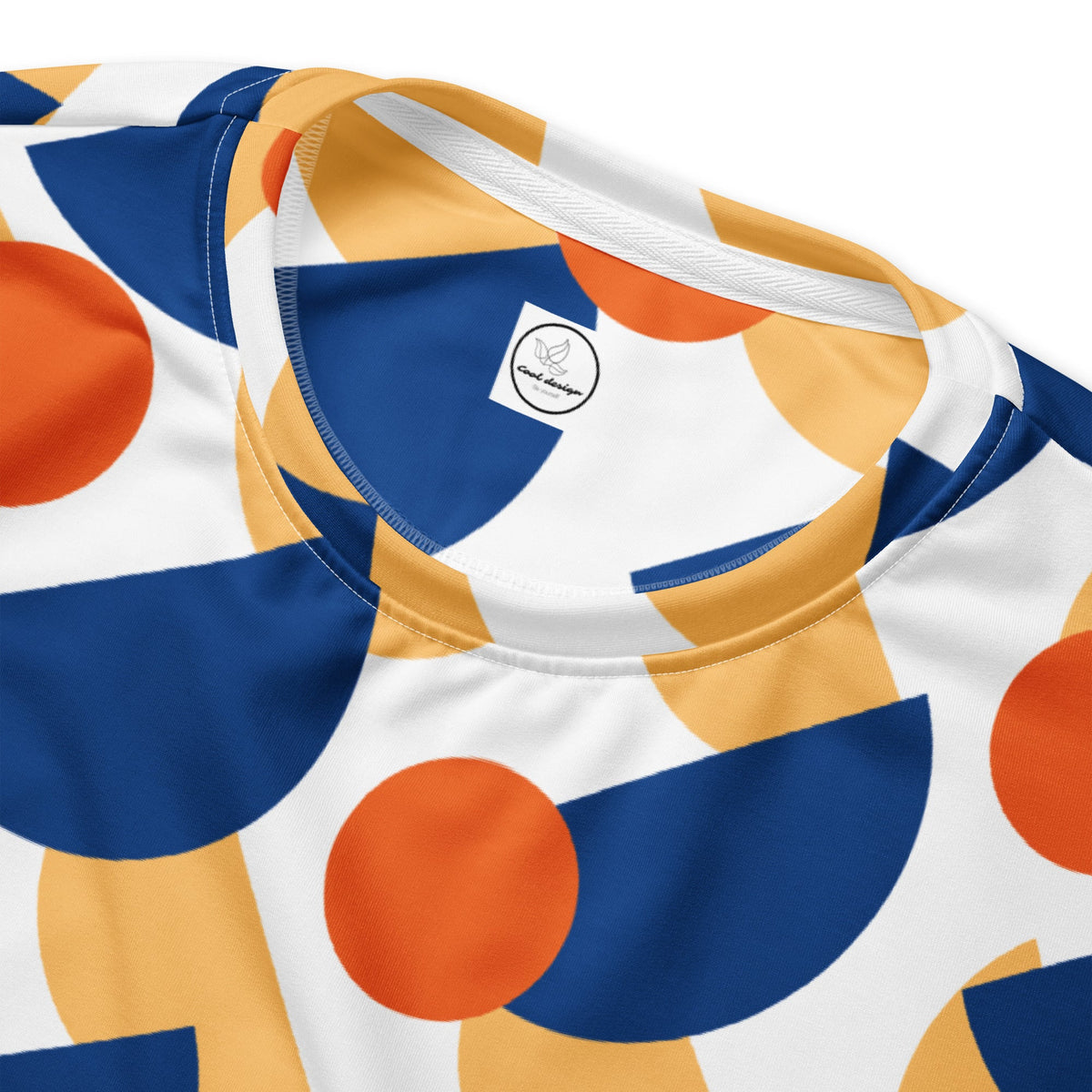 Good Wishes 365 unisex crew neck sweatshirt featuring a geometric mushroom print in dark cerulean, orange, and yellow.
