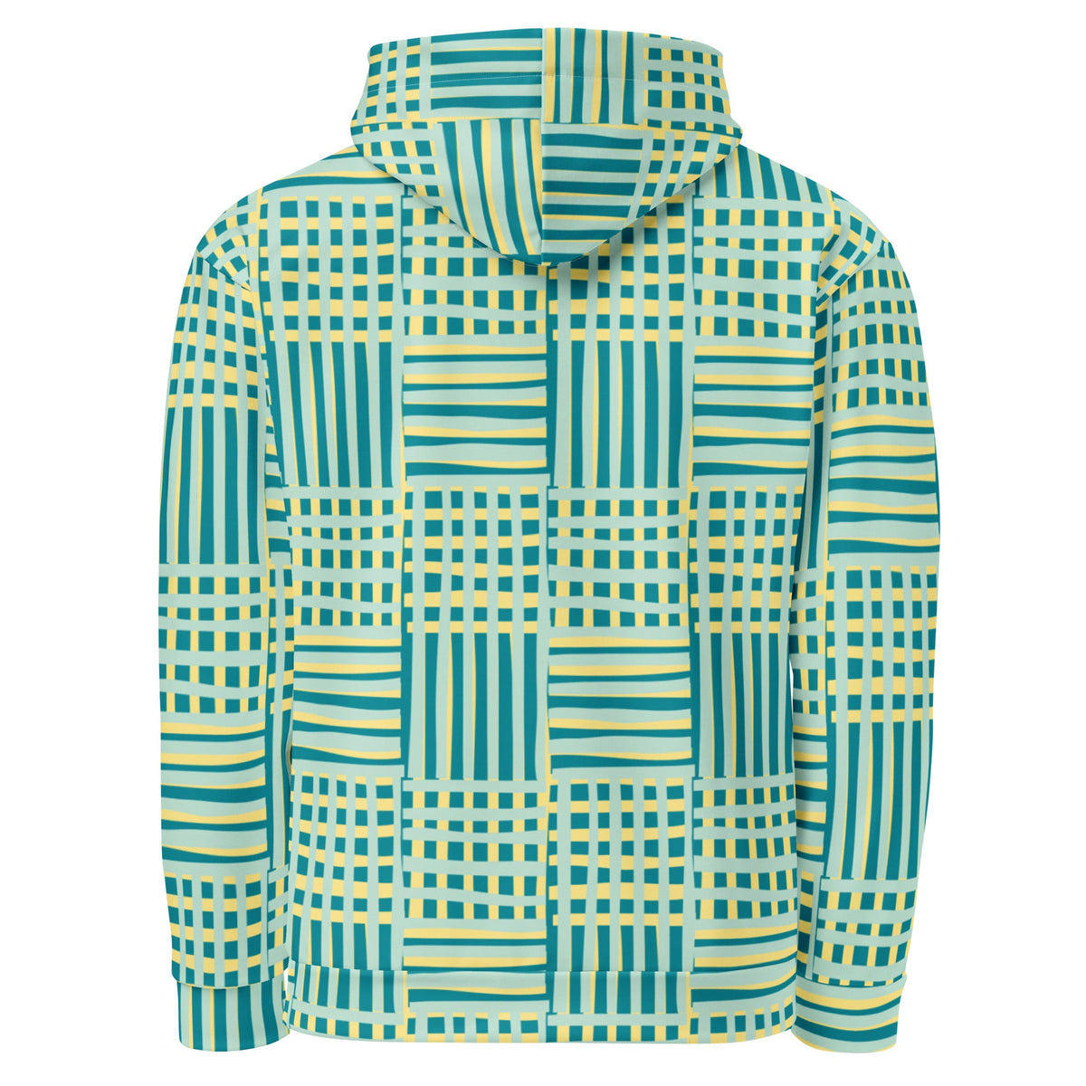 Good Wishes 365 recycled hoodie featuring a blue and yellow geometric stripe all-over print, back view.