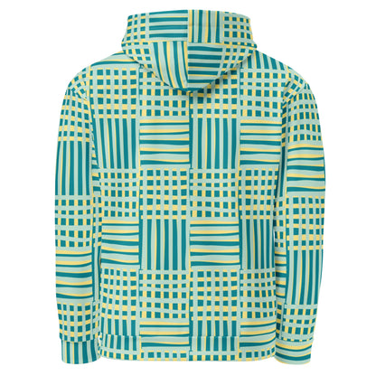 Good Wishes 365 recycled hoodie featuring a blue and yellow geometric stripe all-over print, back view.