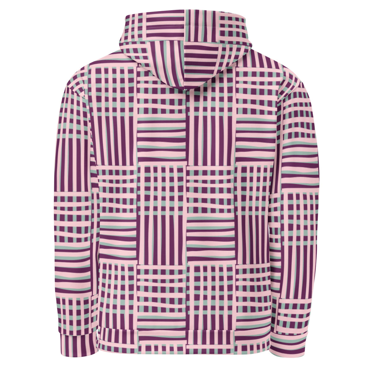 Back view of Good Wishes 365 recycled hoodie with purple, pink, and blue geometric stripe pattern and hood