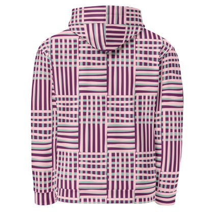 Back view of Good Wishes 365 recycled hoodie with purple, pink, and blue geometric stripe pattern and hood