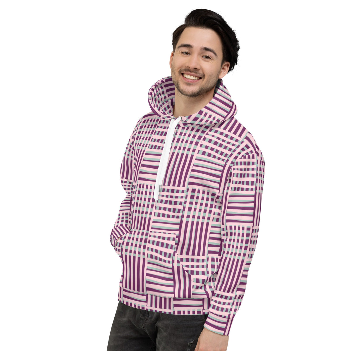 Good Wishes 365 recycled hoodie featuring a purple and blue geometric stripe print with white drawstrings on a model