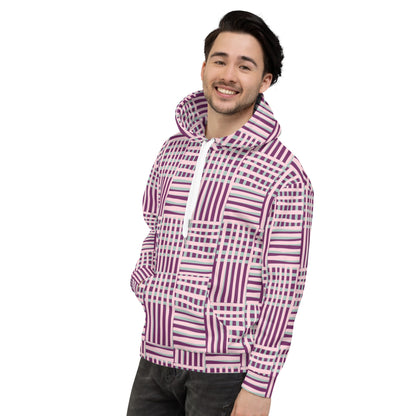 Good Wishes 365 recycled hoodie featuring a purple and blue geometric stripe print with white drawstrings on a model