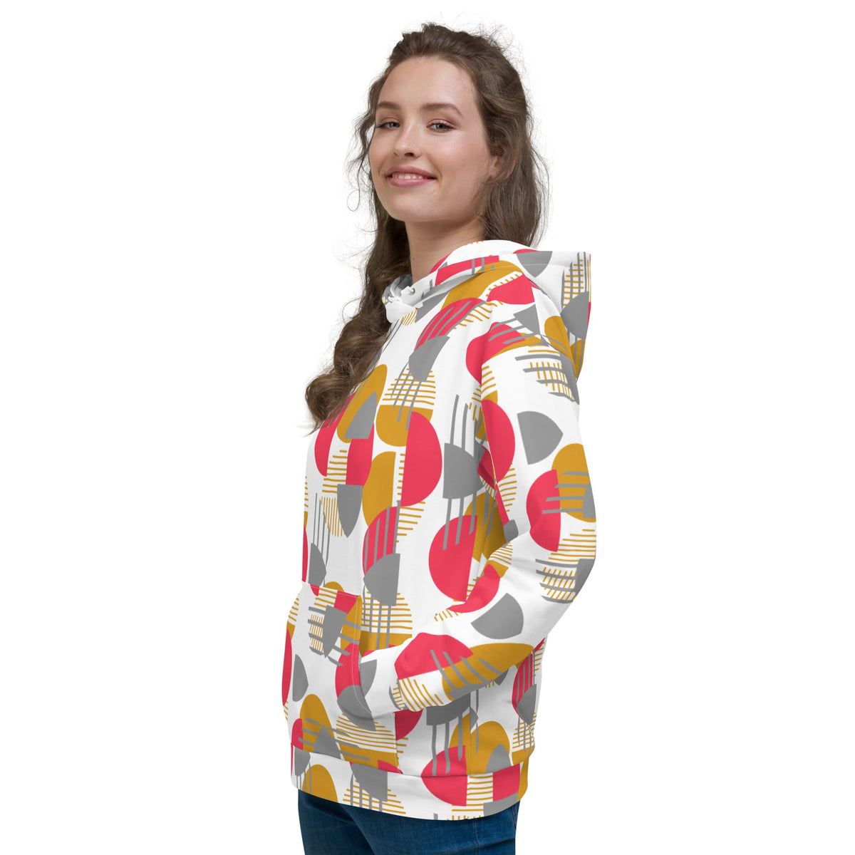 Good Wishes 365 recycled hoodie featuring a rose red, mustard, and silver geometric print on a woman in profile