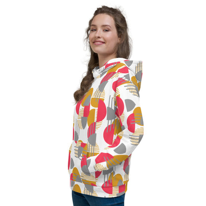 Good Wishes 365 recycled hoodie featuring a rose red, mustard, and silver geometric print on a woman in profile