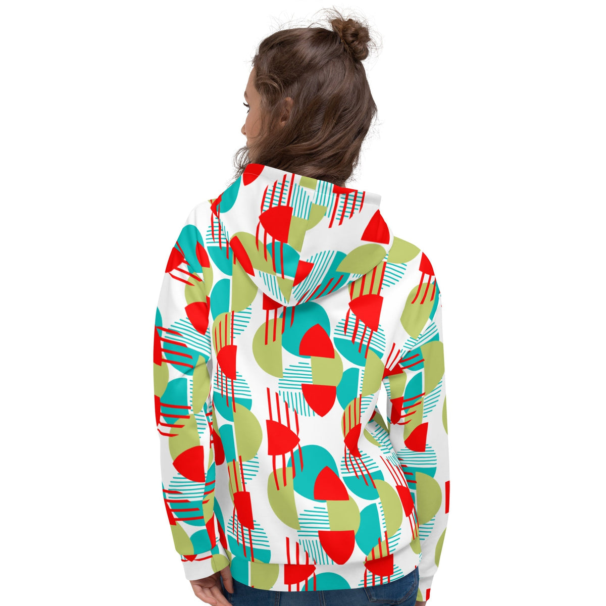 Good Wishes 365 recycled hoodie featuring a vibrant red, green, and teal geometric all-over print, back view