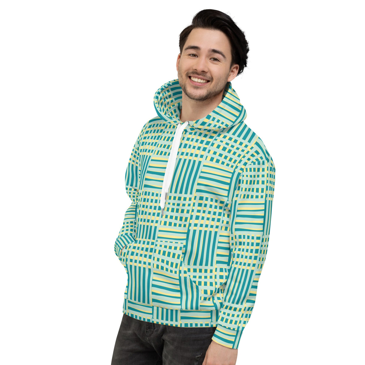 Good Wishes 365 recycled hoodie with blue and yellow geometric stripes, featuring a kangaroo pocket and white drawstrings