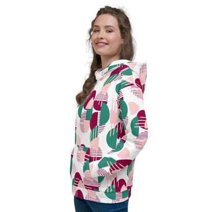 Good Wishes 365 recycled hoodie with pink, burgundy, and green geometric print worn by a smiling woman