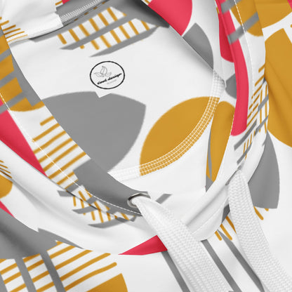 Good Wishes 365 recycled hoodie featuring a rose red, mustard yellow, and silver grey geometric abstract print.