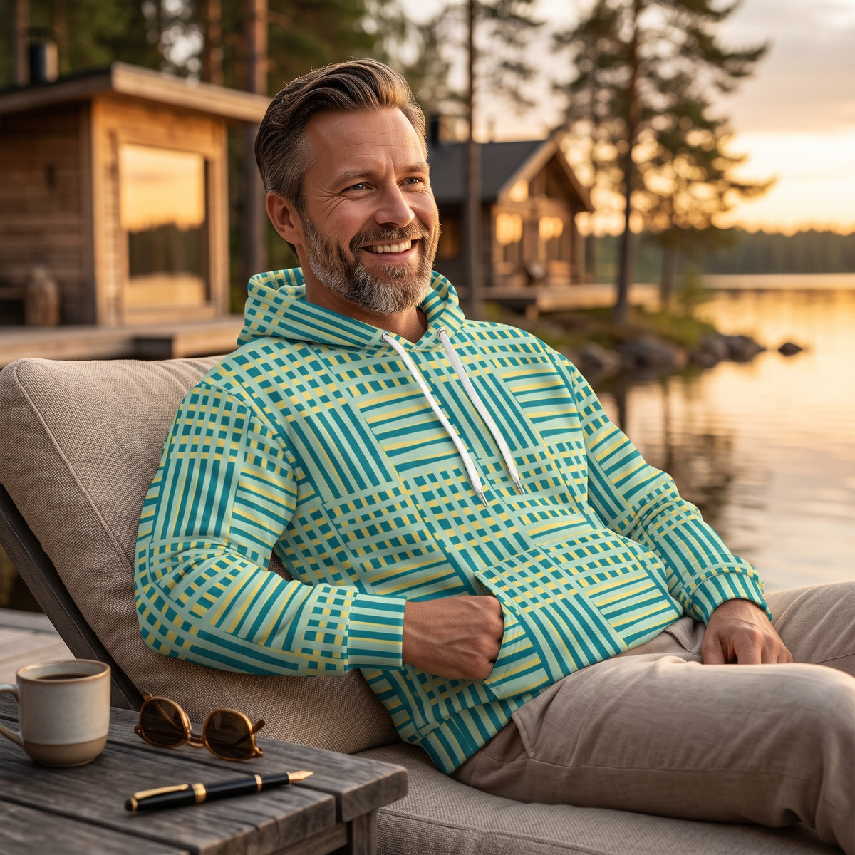 Good Wishes 365 recycled hoodie with blue and yellow geometric stripes worn by a man relaxing by a lake at sunset.