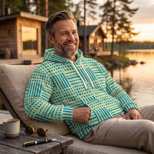 Good Wishes 365 recycled hoodie with blue and yellow geometric stripes worn by a man relaxing by a lake at sunset.