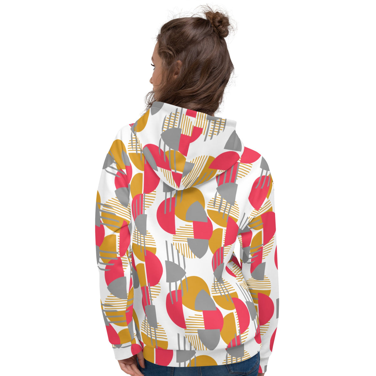 Good Wishes 365 recycled hoodie featuring a vibrant geometric print in rose red, mustard yellow, and silver grey.
