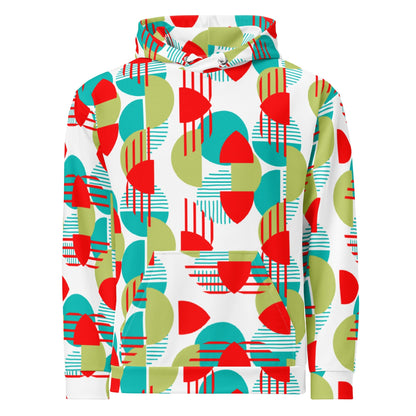 Good Wishes 365 recycled unisex hoodie featuring a vibrant red, green, and teal geometric all-over print pattern