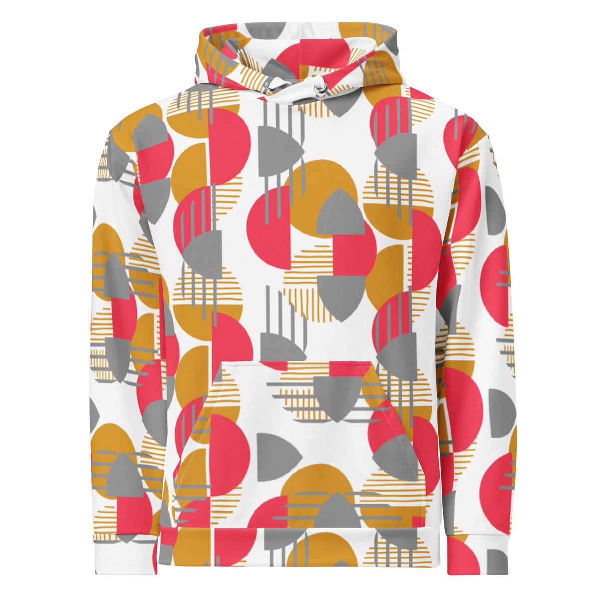 Good Wishes 365 recycled unisex hoodie featuring a vibrant rose red, mustard, and silver geometric circular print.